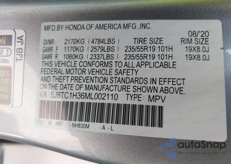 2021 Acura Rdx Standard from USA, damaged, VIN 5J8TC1H36ML002110
